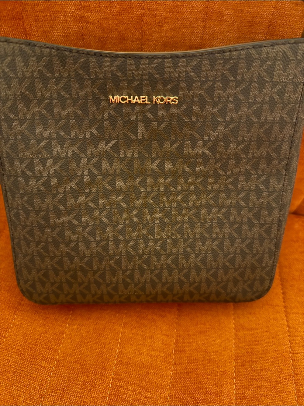 Michael Kors Men's Monogram Messenger Bag in Dark Brown with Gold Logo